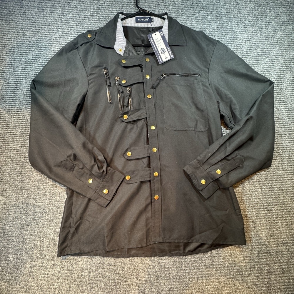Aowofs Multi-Pocket Shirt Jacket Women's Size XXL Black Gold-Tone Snap NWT